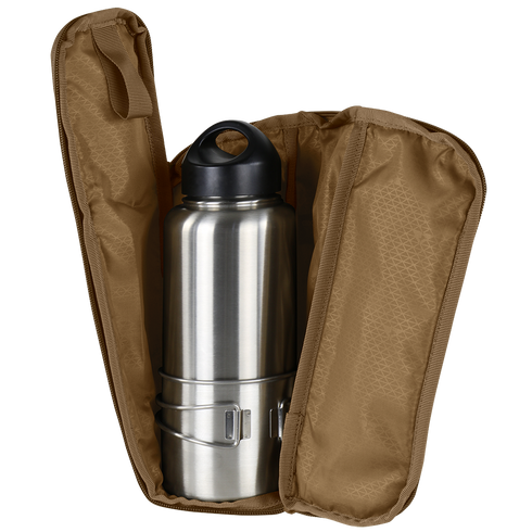 The Condor Field Pouch | SALE is stored inside an open tan zippered carrying case and includes a stainless steel thermos with a black cap and metal cups.