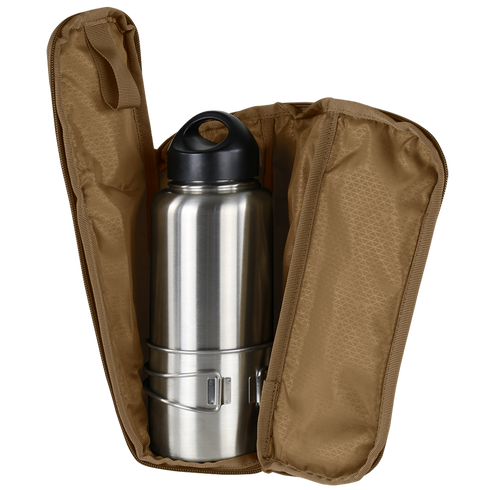A Condor Field Pouch | SALE, featuring a stainless steel thermos with a black lid and metal cup, is placed inside an open brown zippered carrying case.