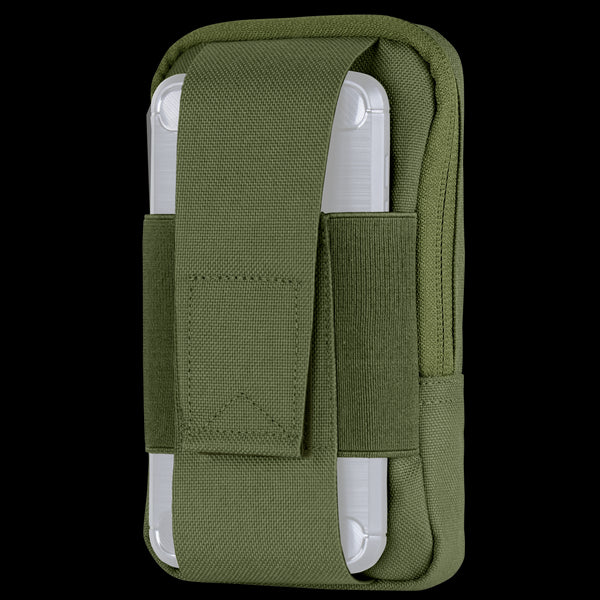 The Condor Phone Pouch in Olive Drab features a velcro flap and securely holds a white device, such as a cell phone or small electronic gadget.