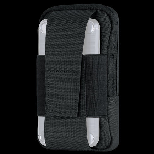 The Condor Phone Pouch is a black fabric holster with a flap cover that securely holds a smartphone in a clear case.