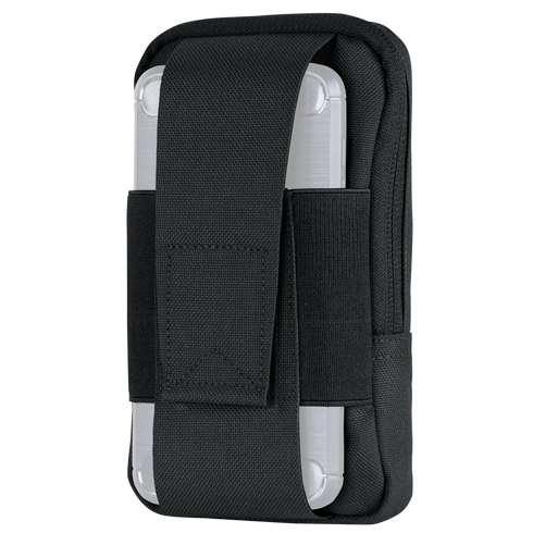 The Condor Phone Pouch is a black fabric holster with a flap cover that securely holds a smartphone in a clear case.