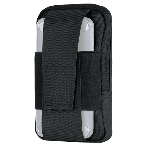 The Condor Phone Pouch is a black fabric holster with a flap cover that securely holds a smartphone in a clear case.