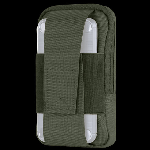 The Condor Phone Pouch is a green fabric case that secures your white electronic device with a wide front strap.