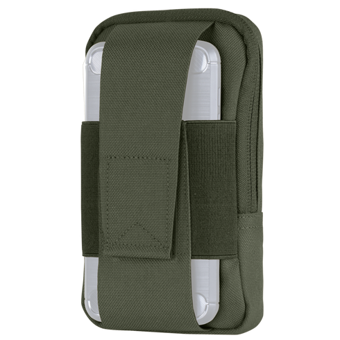 The Condor Phone Pouch is a green fabric case that secures your white electronic device with a wide front strap.