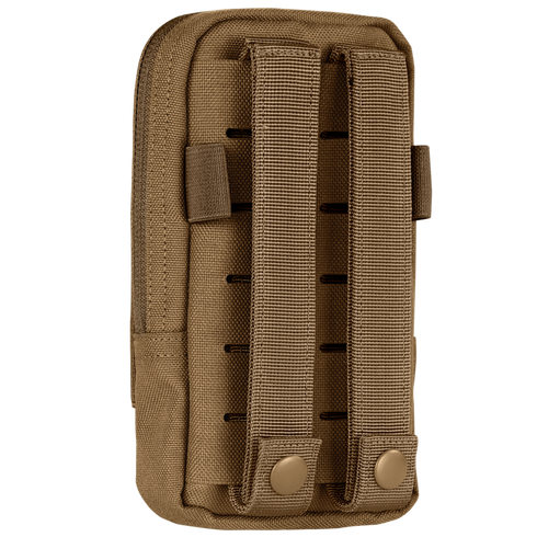 The Condor Phone Pouch is a tan tactical pouch with two vertical straps and snap buttons on the back, designed for attachment to gear or belts.