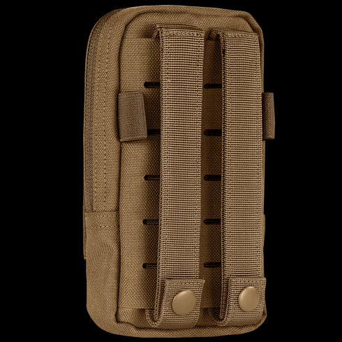 The Condor Phone Pouch is a tan tactical pouch with two vertical straps and snap closures on the back, designed for attachment to MOLLE-compatible gear.