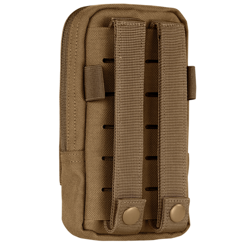 The Condor Phone Pouch is a tan tactical pouch with two vertical straps and snap closures on the back, designed for attachment to MOLLE-compatible gear.