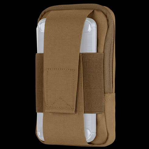 A tan Condor Phone Pouch holds a white rectangular hard case, secured by wide fabric straps.