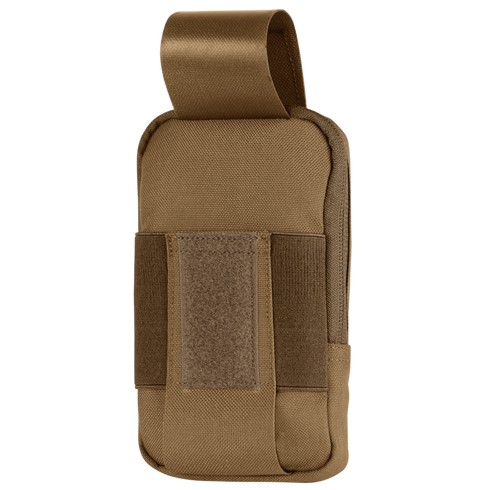 The Condor Phone Pouch is a brown tactical case with a flap closure, Velcro straps, and durable fabric, designed to securely carry your phone or small accessories.