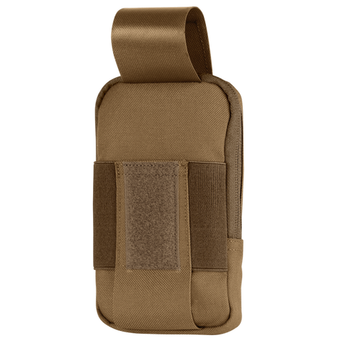 The Condor Phone Pouch is a brown tactical case with a flap closure, Velcro straps, and durable fabric, designed to securely carry your phone or small accessories.