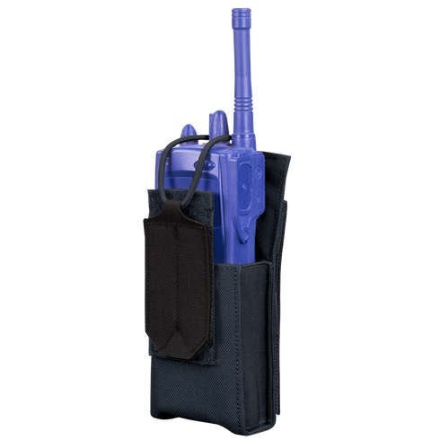 The Condor Patrol Radio Pouch Gen II, shown upright against a white background, is a black fabric holster with an adjustable strap—ideal for EDC or military use.