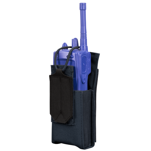 The Condor Patrol Radio Pouch Gen II, shown upright against a white background, is a black fabric holster with an adjustable strap—ideal for EDC or military use.