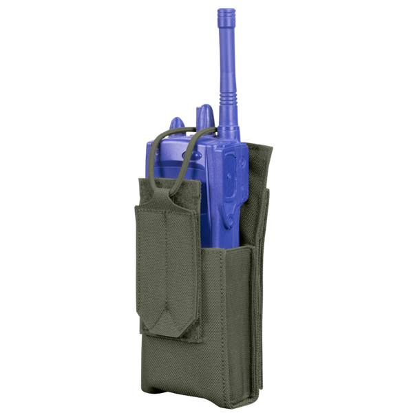 The Condor Patrol Radio Pouch Gen II, a green fabric pouch with flap cover and side openings, securely holds a blue two-way radio—ideal for bushcraft or first responder use.