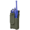 The Condor Patrol Radio Pouch Gen II, a green fabric pouch with flap cover and side openings, securely holds a blue two-way radio—ideal for bushcraft or first responder use.