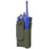 The Condor Patrol Radio Pouch Gen II, a green fabric pouch with flap cover and side openings, securely holds a blue two-way radio—ideal for bushcraft or first responder use.