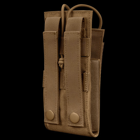 The Condor Patrol Radio Pouch Gen II is a tan nylon tactical pouch with two snap-button straps and adjustable bungee closure, designed to securely hold radios or similar items—ideal for military use or trips to the range.