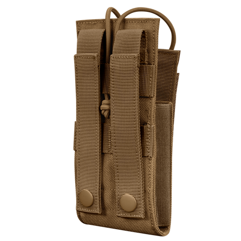 The Condor Patrol Radio Pouch Gen II is a tan nylon tactical pouch with two snap-button straps and adjustable bungee closure, designed to securely hold radios or similar items—ideal for military use or trips to the range.
