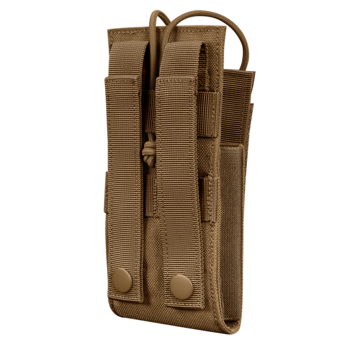 The Condor Patrol Radio Pouch Gen II is a tan nylon tactical pouch with two snap-button straps and adjustable bungee closure, designed to securely hold radios or similar items—ideal for military use or trips to the range.