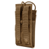 The Condor Patrol Radio Pouch Gen II is a tan nylon tactical pouch with two snap-button straps and adjustable bungee closure, designed to securely hold radios or similar items—ideal for military use or trips to the range.