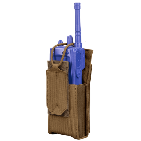 The Condor Patrol Radio Pouch Gen II in brown fabric with a flap cover holds a blue handheld radio, ideal for bushcraft or EDC, shown against a white background.