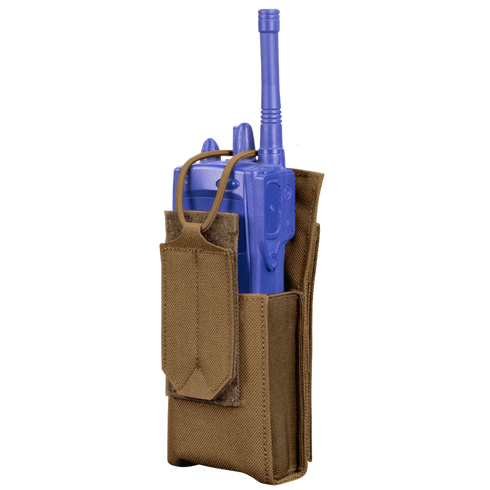 The Condor Patrol Radio Pouch Gen II in brown fabric with a flap cover holds a blue handheld radio, ideal for bushcraft or EDC, shown against a white background.