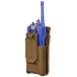 The Condor Patrol Radio Pouch Gen II in brown fabric with a flap cover holds a blue handheld radio, ideal for bushcraft or EDC, shown against a white background.