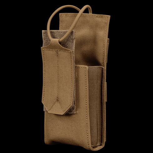 The Condor Patrol Radio Pouch Gen II is a tan fabric pouch with an open main compartment and front flap secured by a strap, ideal for carrying radios or similar EDC items at the range or in tactical environments.