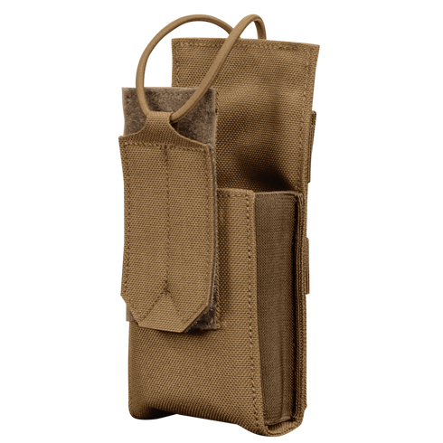 The Condor Patrol Radio Pouch Gen II is a tan fabric pouch with an open main compartment and front flap secured by a strap, ideal for carrying radios or similar EDC items at the range or in tactical environments.