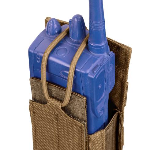 The Condor Patrol Radio Pouch Gen II in brown securely holds a blue training radio with elastic straps, making it ideal for military use or as EDC gear at the shooting range.