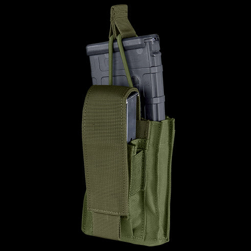 The Condor Single Kangaroo Mag Pouch Gen II in Olive Drab holds a black rifle magazine and features a secure flap with strap closure.