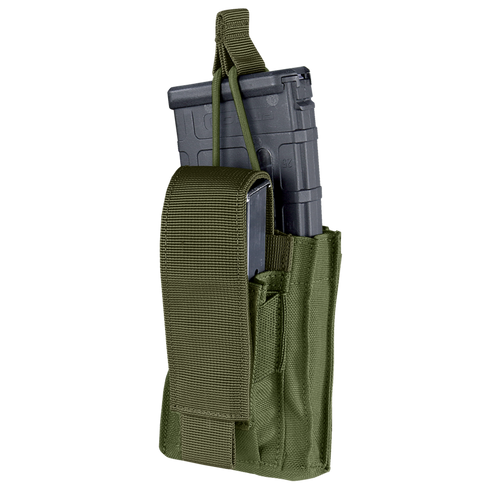 The Condor Single Kangaroo Mag Pouch Gen II in Olive Drab holds a black rifle magazine and features a secure flap with strap closure.
