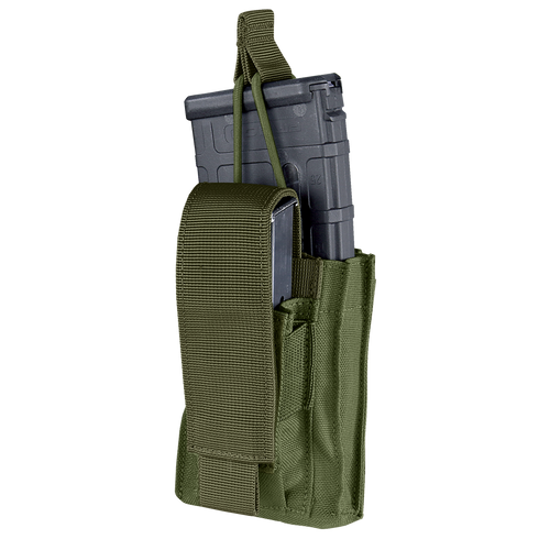 The Condor Single Kangaroo Mag Pouch Gen II in Olive Drab holds a black rifle magazine and features a secure flap with strap closure.