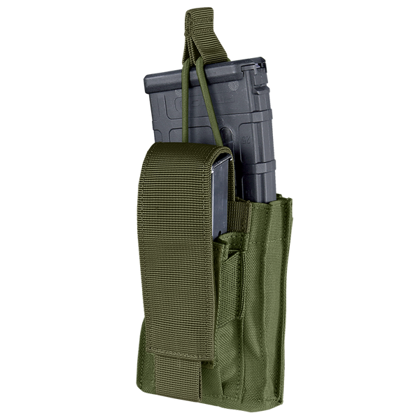 The Condor Single Kangaroo Mag Pouch Gen II in Olive Drab holds a black rifle magazine and features a secure flap with strap closure.