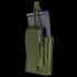 The Condor Single Kangaroo Mag Pouch Gen II in Olive Drab holds a black rifle magazine and features a secure flap with strap closure.