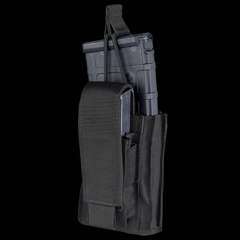 The Condor Single Kangaroo Mag Pouch Gen II is a black nylon pouch with a flap closure and vertical strap, designed to hold a rifle magazine—perfect for law enforcement or range use.