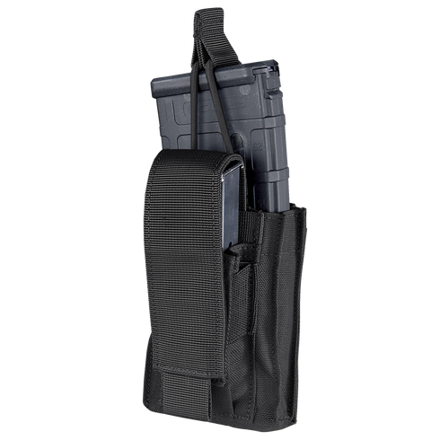 The Condor Single Kangaroo Mag Pouch Gen II is a black nylon pouch with a flap closure and vertical strap, designed to hold a rifle magazine—perfect for law enforcement or range use.