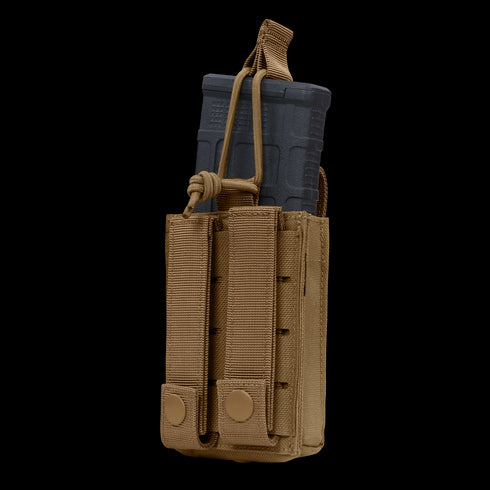 The Condor Single Kangaroo Mag Pouch Gen II is a tan tactical pouch for black rifle magazines, secured with elastic bungee and snap-button straps—perfect for law enforcement or shooting range use.