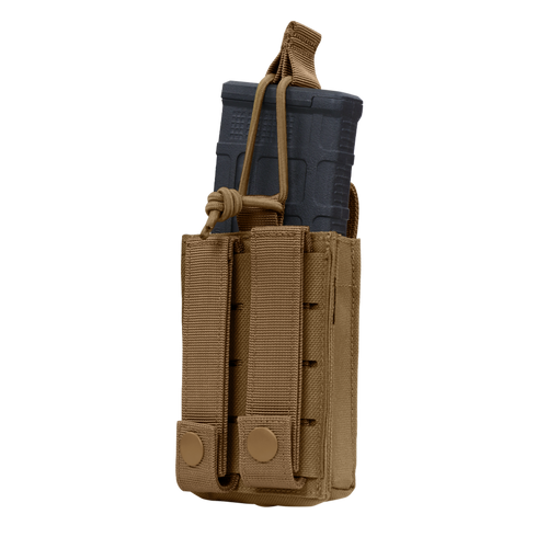 The Condor Single Kangaroo Mag Pouch Gen II is a tan tactical pouch for black rifle magazines, secured with elastic bungee and snap-button straps—perfect for law enforcement or shooting range use.