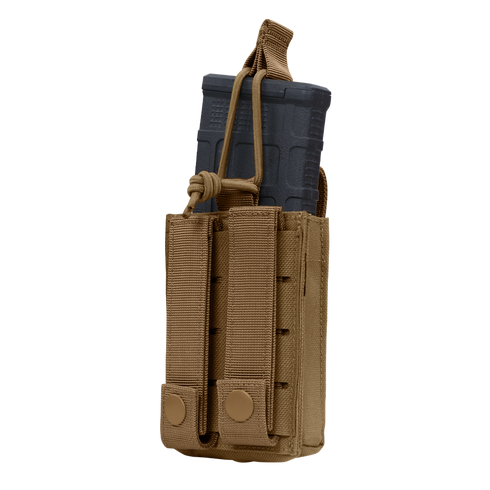 The Condor Single Kangaroo Mag Pouch Gen II is a tan tactical pouch for black rifle magazines, secured with elastic bungee and snap-button straps—perfect for law enforcement or shooting range use.