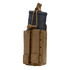 The Condor Single Kangaroo Mag Pouch Gen II is a tan tactical pouch for black rifle magazines, secured with elastic bungee and snap-button straps—perfect for law enforcement or shooting range use.