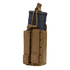 The Condor Single Kangaroo Mag Pouch Gen II is a tan tactical pouch for black rifle magazines, secured with elastic bungee and snap-button straps—perfect for law enforcement or shooting range use.
