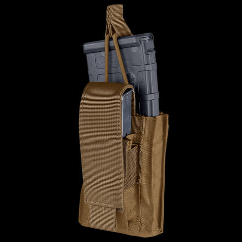 The Condor Single Kangaroo Mag Pouch Gen II, in tan, holds a black rifle magazine and features a strap and flap closure, shown on a white background.