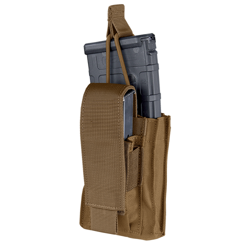 The Condor Single Kangaroo Mag Pouch Gen II, in tan, holds a black rifle magazine and features a strap and flap closure, shown on a white background.