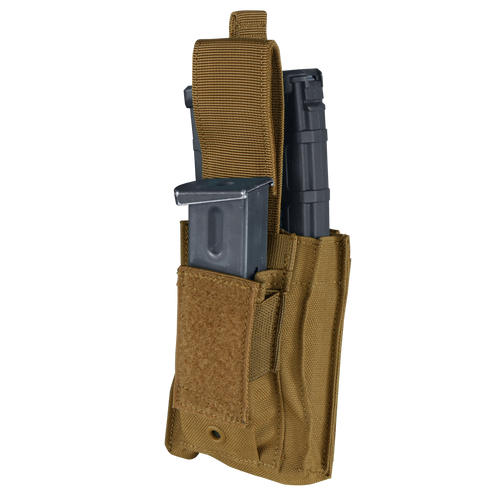 The Condor Single Kangaroo Mag Pouch Gen II in Scorpion OCP holds a magazine and multi-tool, both partially visible with the Velcro flap open—ideal for EDC or shooting range use.