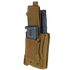 The Condor Single Kangaroo Mag Pouch Gen II in Scorpion OCP holds a magazine and multi-tool, both partially visible with the Velcro flap open—ideal for EDC or shooting range use.