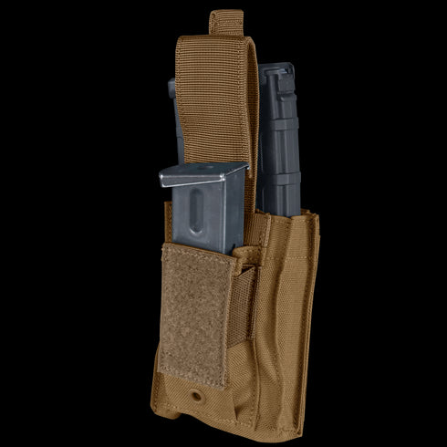 The Condor Single Kangaroo Mag Pouch Gen II in tan is perfect for the range, holding a flashlight and metal magazine in separate compartments with hook-and-loop flaps for secure storage.