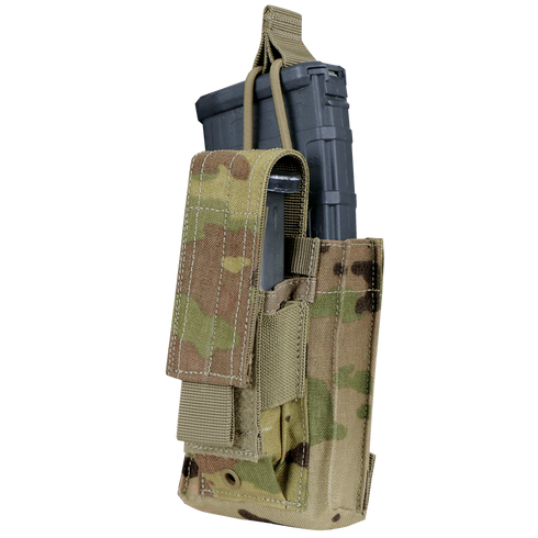 The Condor Single Kangaroo Mag Pouch Gen II in Scorpion OCP securely holds a black rifle magazine with a strap, featuring a camouflage design.
