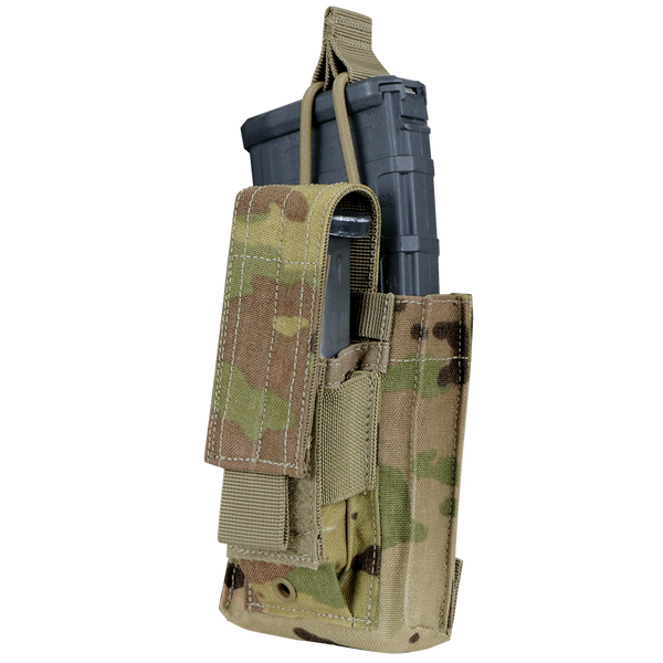 The Condor Single Kangaroo Mag Pouch Gen II in Scorpion OCP securely holds a black rifle magazine with a strap, featuring a camouflage design.