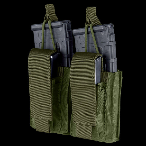 Two Condor Double Kangaroo Mag Pouch Gen II pouches in olive drab, each holding a rifle and a pistol magazine with hook-and-loop flap closures and pull tabs, displayed against a white background.