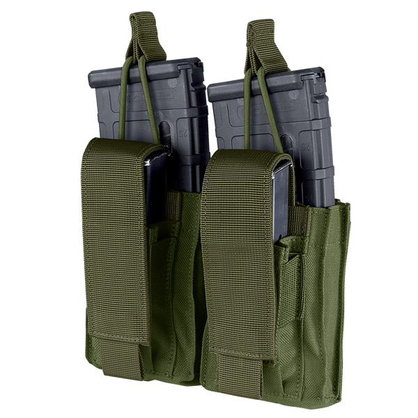Two Condor Double Kangaroo Mag Pouch Gen II pouches in olive drab, each holding a rifle and a pistol magazine with hook-and-loop flap closures and pull tabs, displayed against a white background.